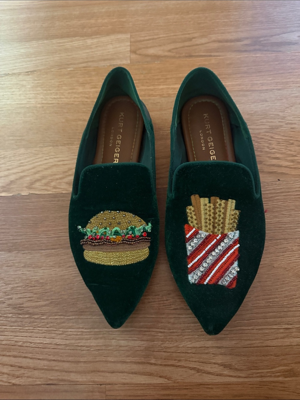 Kurt Geiger Green Velvet Embroidered Burger & Fries Loafers